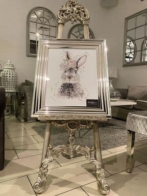 Rabbit Floral Watercolour Wall Art Chrome Frame 65Cm X 55Cm