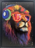 Rave Lion Neon LED Wall Art - 40x60cm Canvas with Headphones & Glasses USB