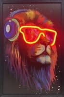 Rave Lion Neon LED Wall Art - 40x60cm Canvas with Headphones & Glasses USB