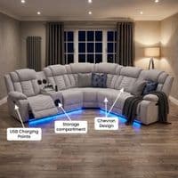 Rico Grey Fabric Electric Recliner Corner Sofa with LED & Bluetooth