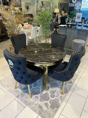Round Marble Black Dining Table 110Cm With 4 x Victoria Dining Chairs