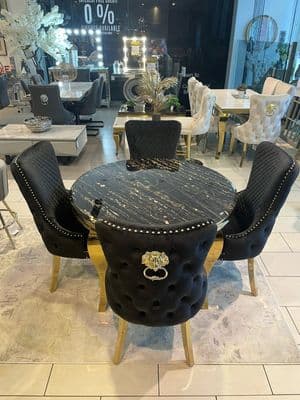 Round Marble Black Dining Table 110Cm With 4 x Victoria Dining Chairs