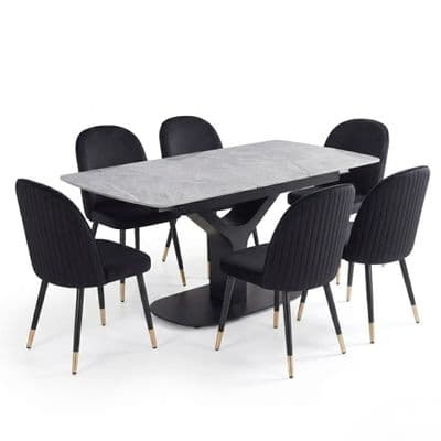 Sapphire 140-180cm Extending Grey Quartz Table & 6 Black Liza Chairs