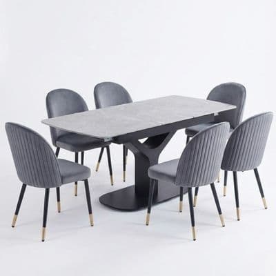 Sapphire 140-180cm Extending Grey Sintered Stone Table & 6 Liza Chairs