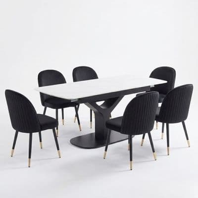 Sapphire 140-180cm Extending White Quartz Table & 6 Black Liza Chairs