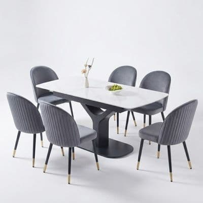 Sapphire 140-180cm Extending White Quartz Table & 6 Grey Liza Chairs