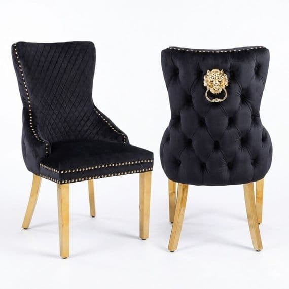 Set Of 2 Black Victoria Dining Chairs With Gold Legs