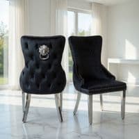 Set of 2 Black Victoria Dining Chairs with Lion Knocker Silver Legs