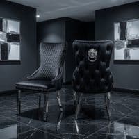 Set of 2 Black Victoria Dining Chairs with Lion Knocker Silver Legs