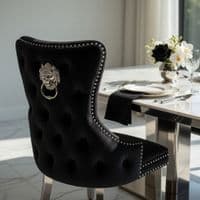 Set of 2 Black Victoria Dining Chairs with Lion Knocker Silver Legs