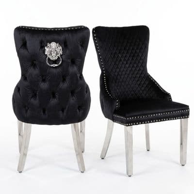 Set of 2 Black Victoria Dining Chairs with Lion Knocker Silver Legs