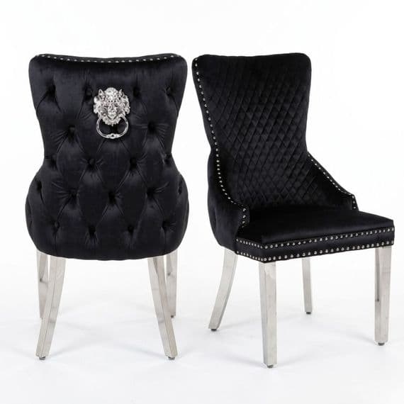 Set of 2 Black Victoria Dining Chairs with Lion Knocker Silver Legs