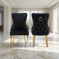 Set of 2 Black Victoria Dining Chairs with Ring Knocker & Gold Legs