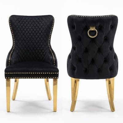 Set of 2 Black Victoria Dining Chairs with Ring Knocker & Gold Legs