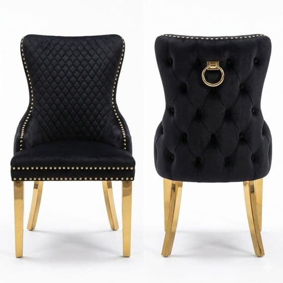 Set of 2 Black Victoria Dining Chairs with Ring Knocker & Gold Legs