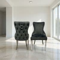 Set of 2 Grey Victoria Dining Chairs with Ring Knocker & Silver Legs