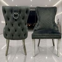 Set of 2 Grey Victoria Dining Chairs with Ring Knocker & Silver Legs
