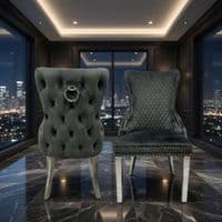 Set of 2 Grey Victoria Dining Chairs with Ring Knocker & Silver Legs