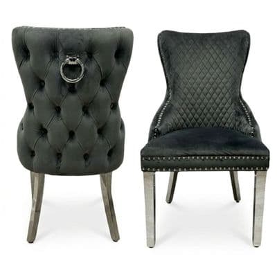 Set of 2 Grey Victoria Dining Chairs with Ring Knocker & Silver Legs