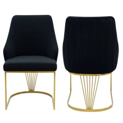 Set of 2 Lasco Black and Gold Velvet Dining Chairs with Metal Legs