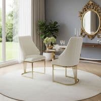 Set of 2 Lasco Cream and Gold Fabric Dining Chairs with Metal Legs
