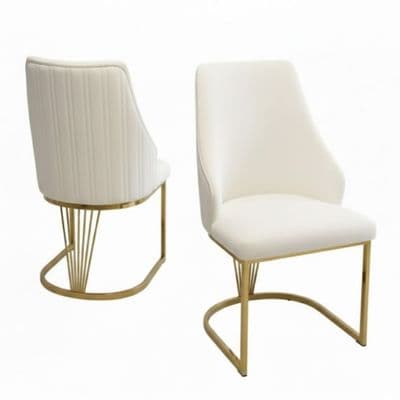 Set of 2 Lasco Cream and Gold Fabric Dining Chairs with Metal Legs