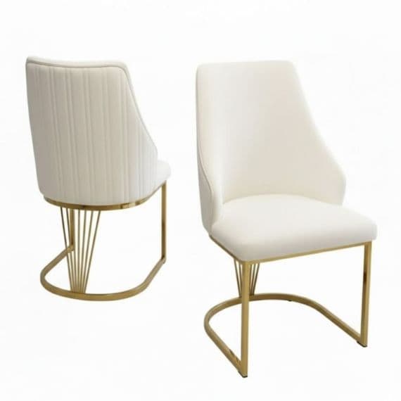 Set of 2 Lasco Cream and Gold Fabric Dining Chairs with Metal Legs