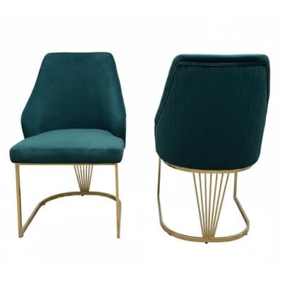 Set of 2 Lasco Green and Gold Velvet Dining Chairs with Metal Legs