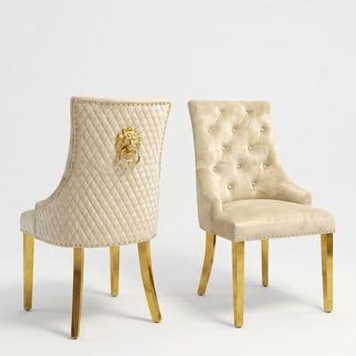 Set of 2 Minister Beige Velvet Dining Chairs with Gold Lion Knocker