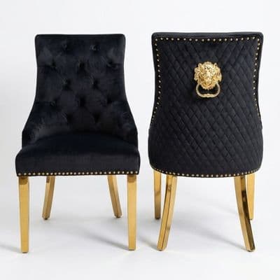 Set of 2 Minister Black Velvet Dining Chairs with Gold Lion Knocker