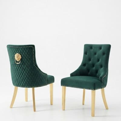 Set of 2 Minister Green Velvet Dining Chairs with Gold Lion Knocker
