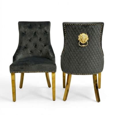 Set of 2 Minister Grey Velvet Dining Chairs with Gold Lion Knocker
