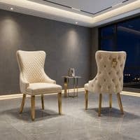 Set of 2 Mink Victoria Dining Chairs with Ring Knocker & Gold Legs