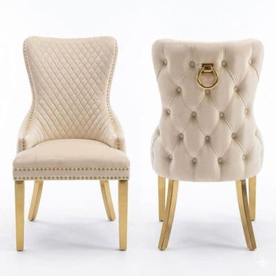 Set of 2 Mink Victoria Dining Chairs with Ring Knocker & Gold Legs