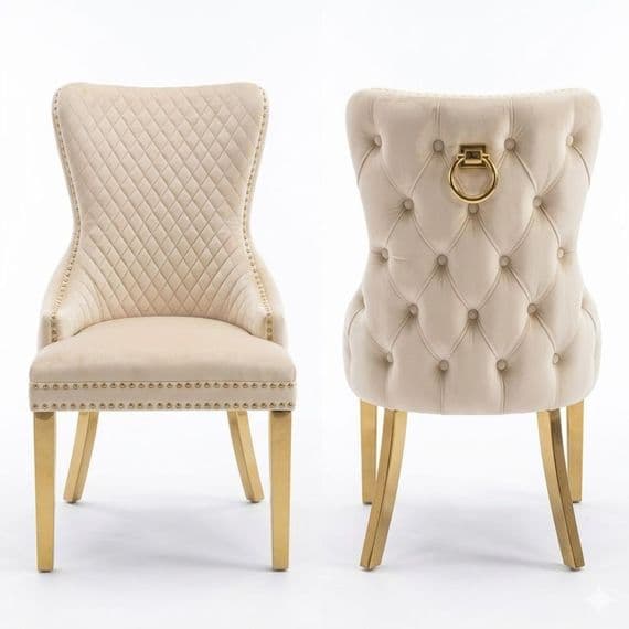 Set of 2 Mink Victoria Dining Chairs with Ring Knocker & Gold Legs