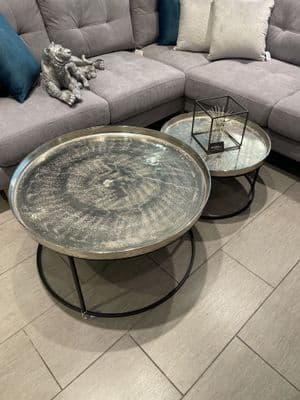 Set Of 2 Silver Metal Round Coffee Tables