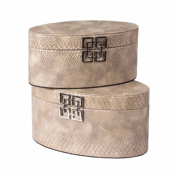 Set of 2 Taupe Faux Snake Leather Oval Jewellery Boxes