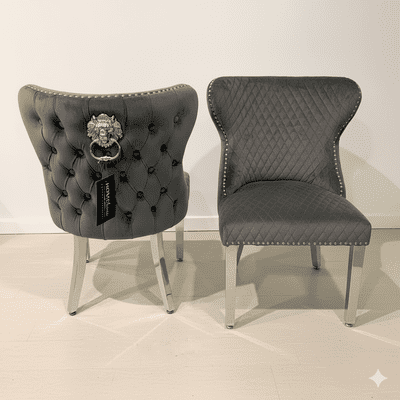 Set Of 2 Valencia Velvet Dining Chair With Lion Knocker In Grey