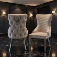 Set of 2 Victoria Mink Shimmer Dining Chairs with Lion Knocker Silver