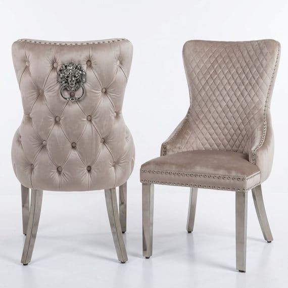 Set of 2 Victoria Mink Shimmer Dining Chairs with Lion Knocker Silver