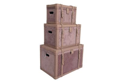 Set Of 3 Velvet Quilted Trunks With Straps Pink