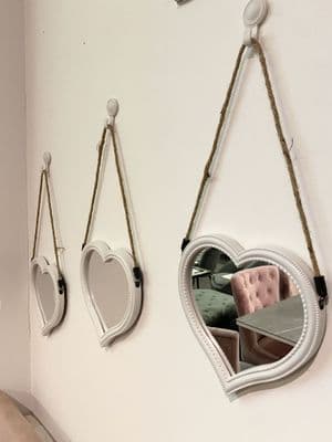 Set Of 3 White Heart Hanging Mirrors