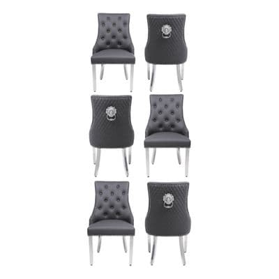 Set of 6 Majestic Hudson Grey Leather Lion Knocker Dining Chairs