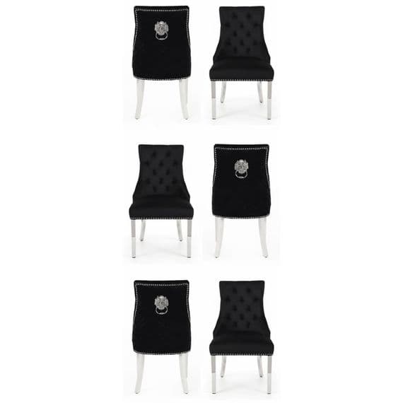 Set of 6 Minister Black Brushed Velvet Lion Knocker Chairs & Pearls
