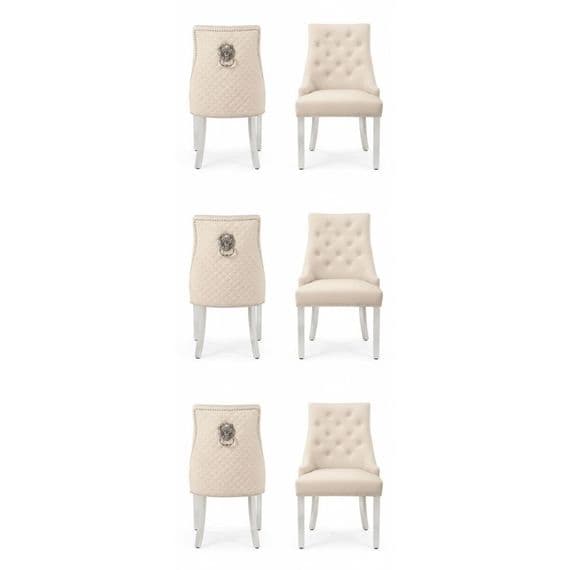 Set of 6 Minister Mink Brushed Velvet Lion Knocker Chairs with Pearls