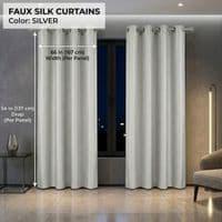 Silver Faux Silk Fully Lined Eyelet Curtains - 1 Pair,