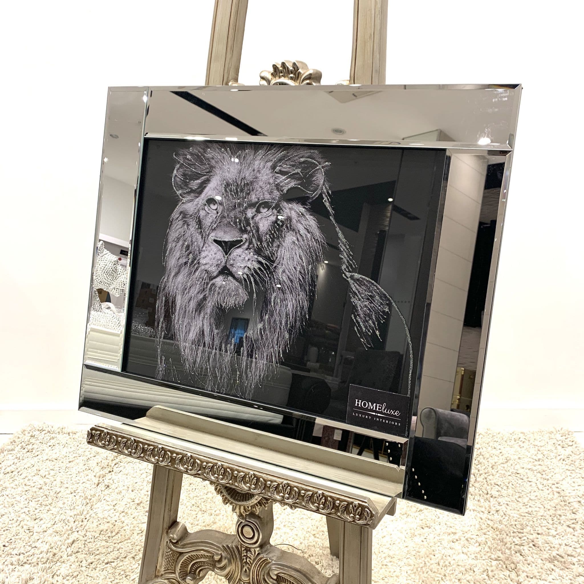 Silver Lion Glitter Wall Art Mirror - H55cm x W65cm Standard