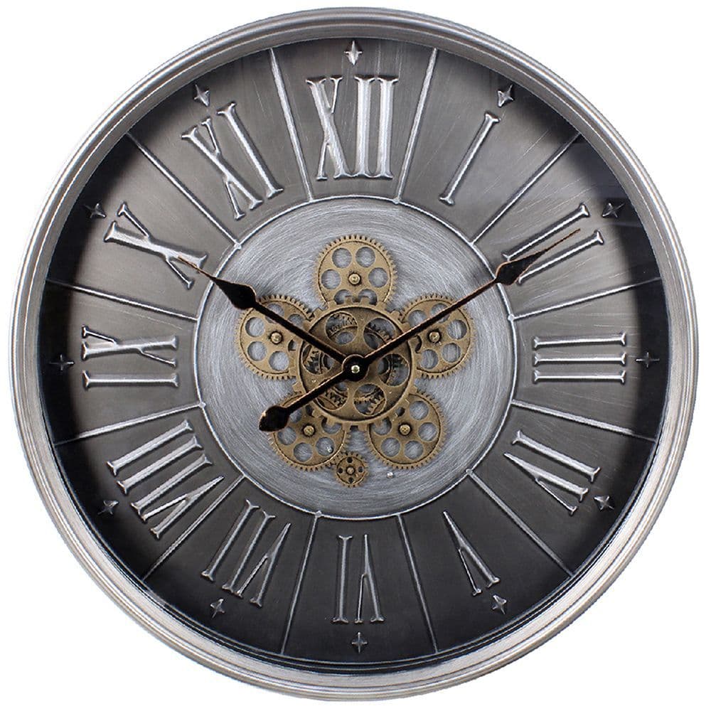 Silver Moving Cog Clock 60Cm