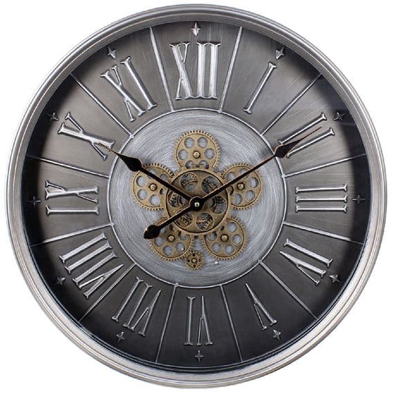 Silver Moving Cog Clock 60Cm