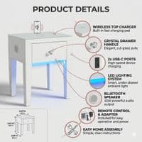 Smart White Glass LED Bedside Table - Wireless Charging & Speaker